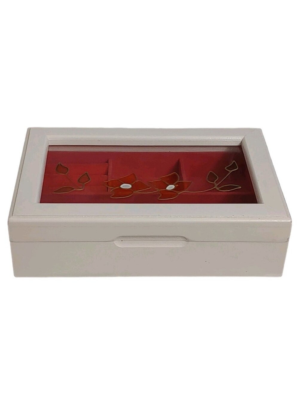 Vintage Mele Ivory Jewelry Box Chest Faux Stained Glass Hinged Lid Velvet Lined